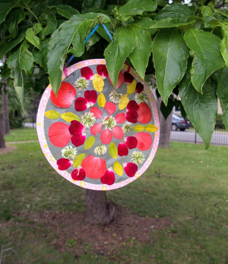 DIY nature mandala craft hanging in a tree