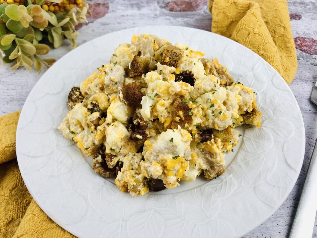 cauliflower stuffing casserole on a plate