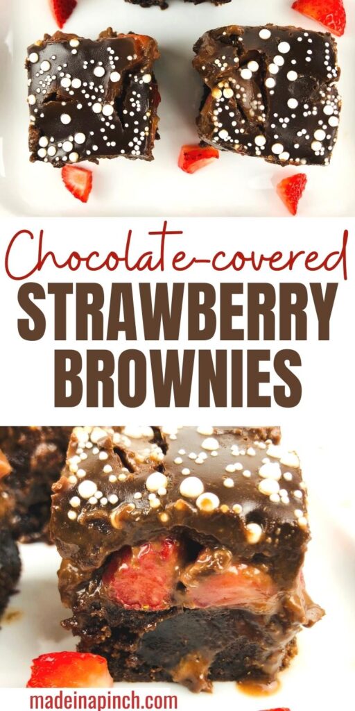 Chocolate-covered strawberry brownies pin image