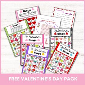 A collection of printable Valentine's Day themed games including bingo, word search, and mad libs, featuring colorful designs with hearts and love-related words.