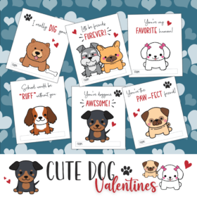 Illustration of various cute dog-themed valentine's day cards with playful puns, set against a background of hearts. text in the center says "cute dog valentines.