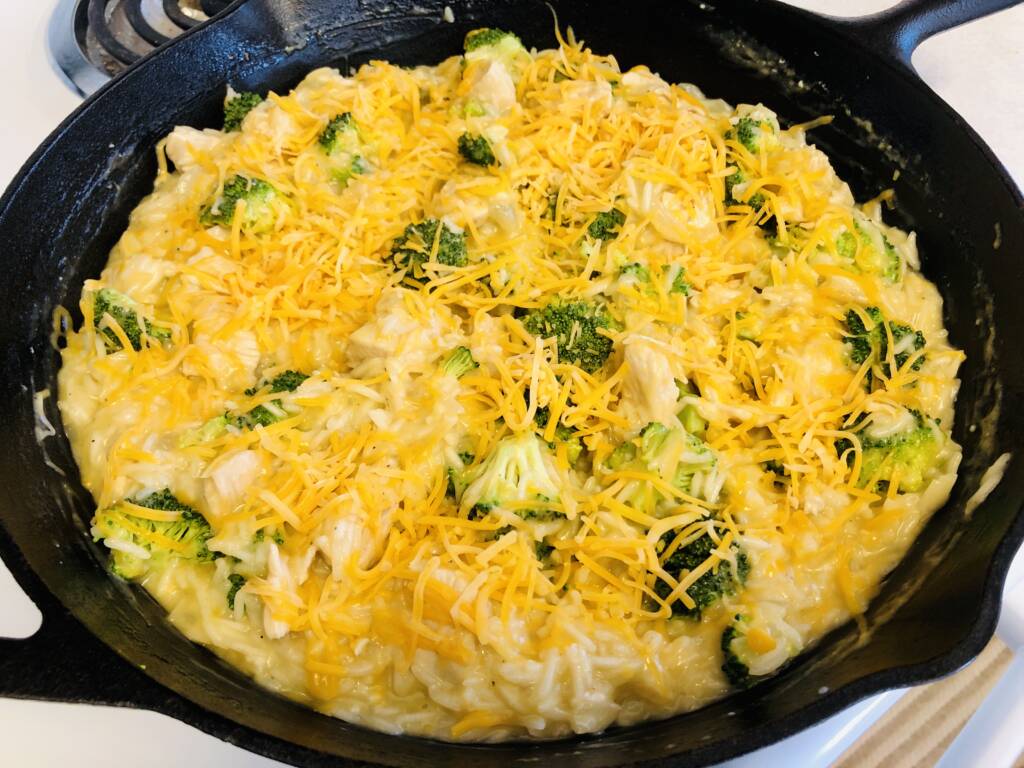 cheesy chicken broccoli rice skillet