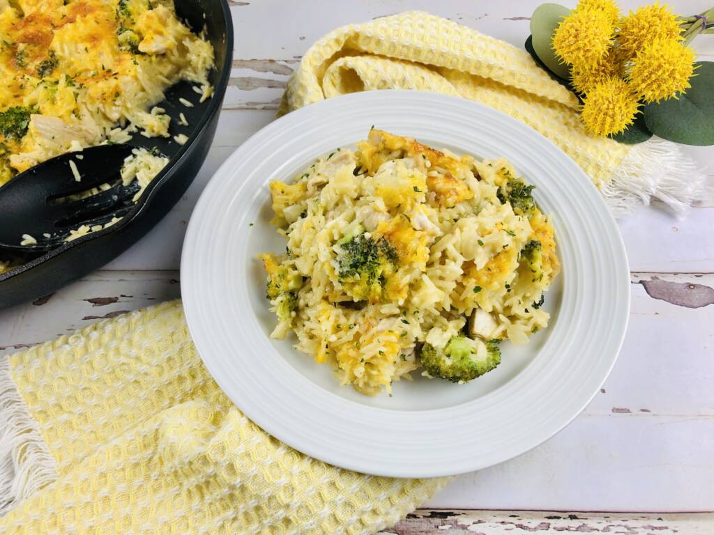 cheesy chicken broccoli rice skillet on a plate