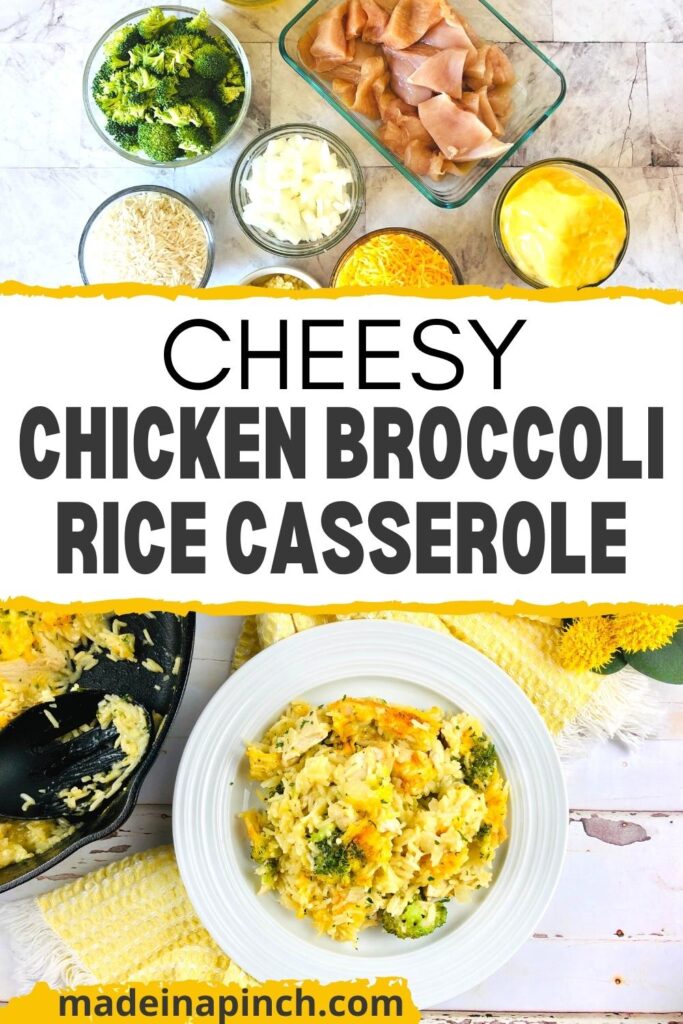 Cheesy chicken broccoli rice casserole pin image