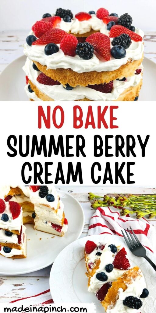 no bake summer berries and cream cake pin image