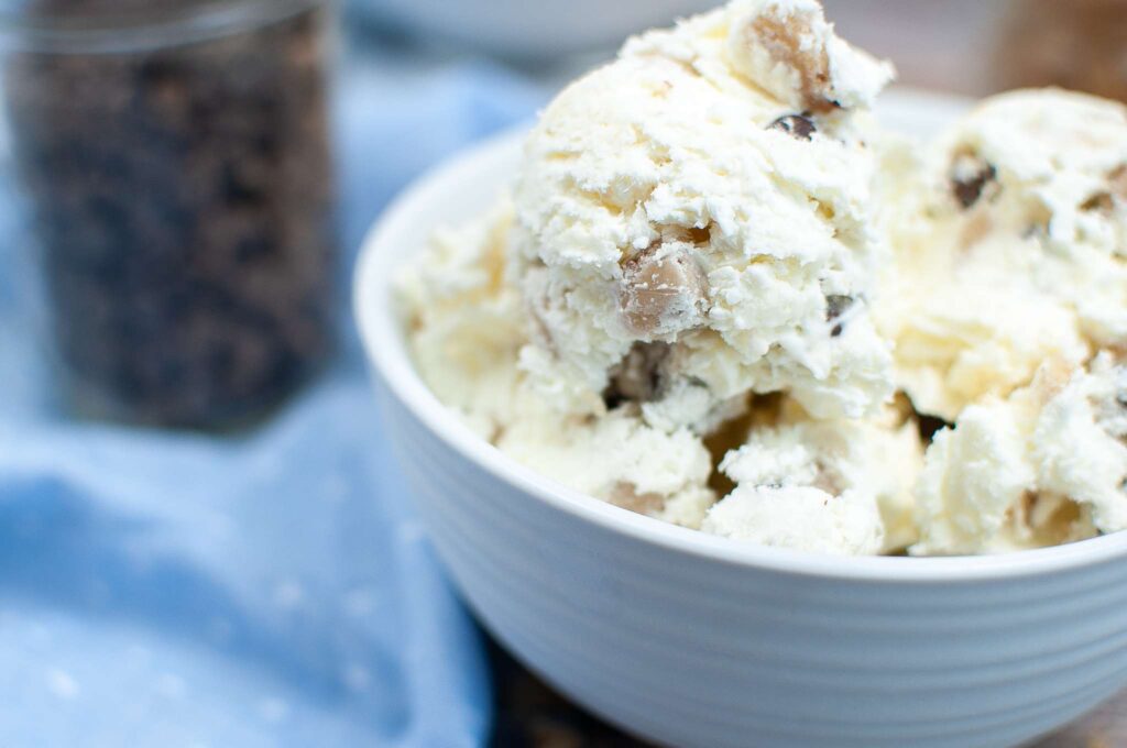 Chocolate Chip Cookie Dough Ice Cream in a bowl