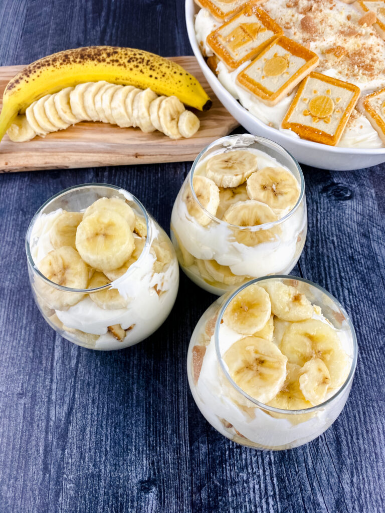 homemade banana pudding in glasses