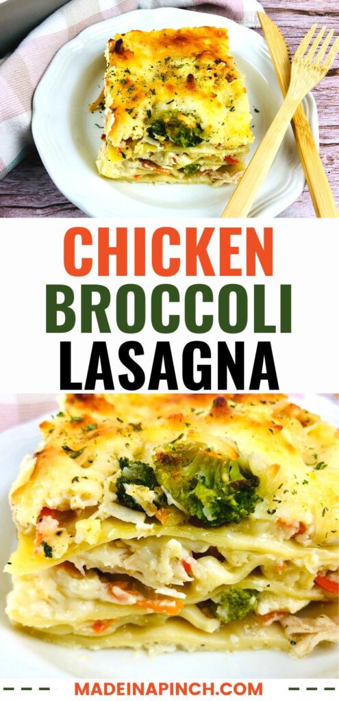 chicken and broccoli lasagna pin image