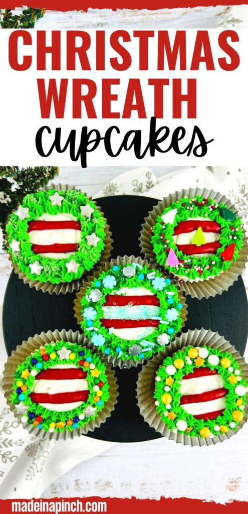 Christmas wreath cupcakes pin image