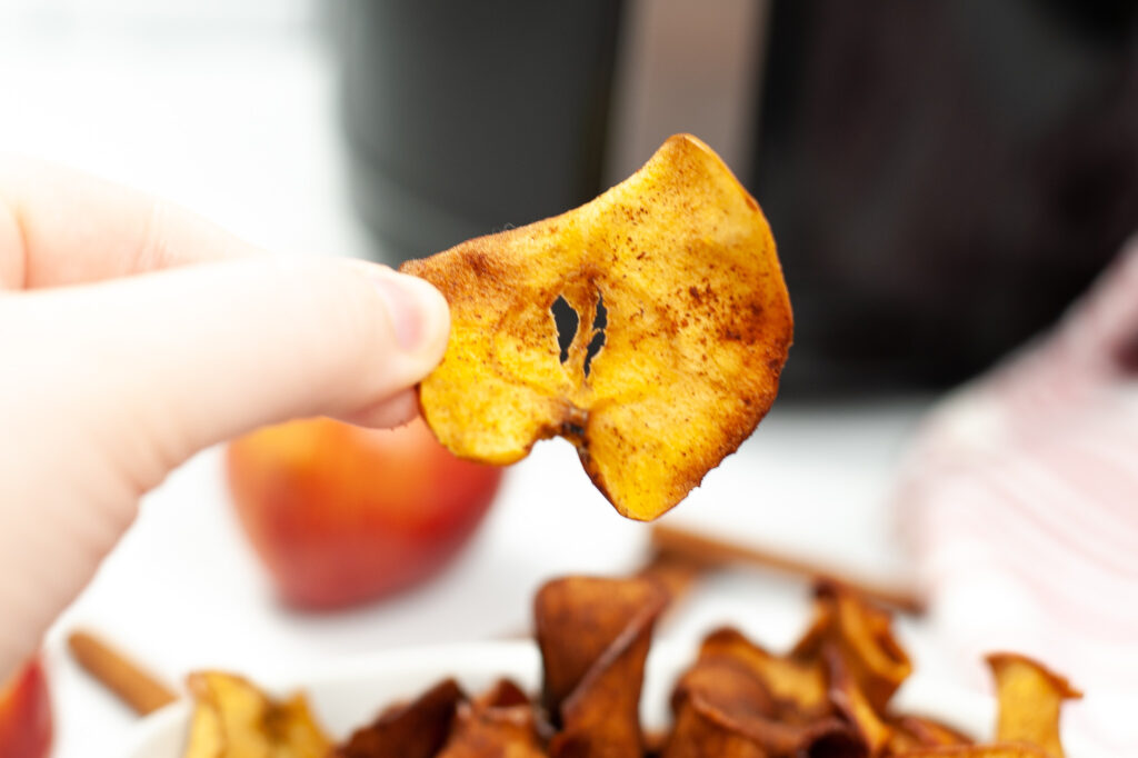 holding a single air fryer apple chip
