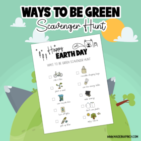 Bright, colorful image for a free printable earth day scavenger hunt featuring a checklist with eco-friendly activities such as riding a bike, using a reusable bag, and enjoying nature.