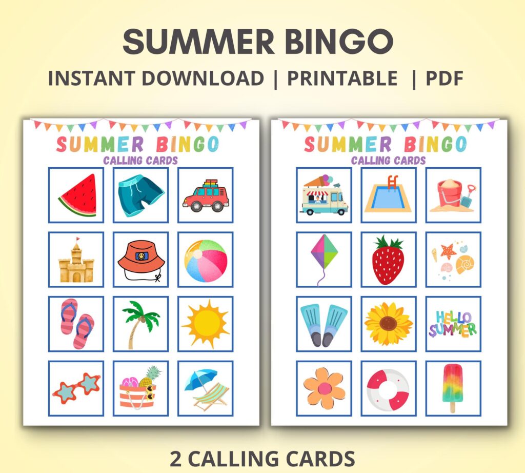 summer bingo set close up mockup of calling cards