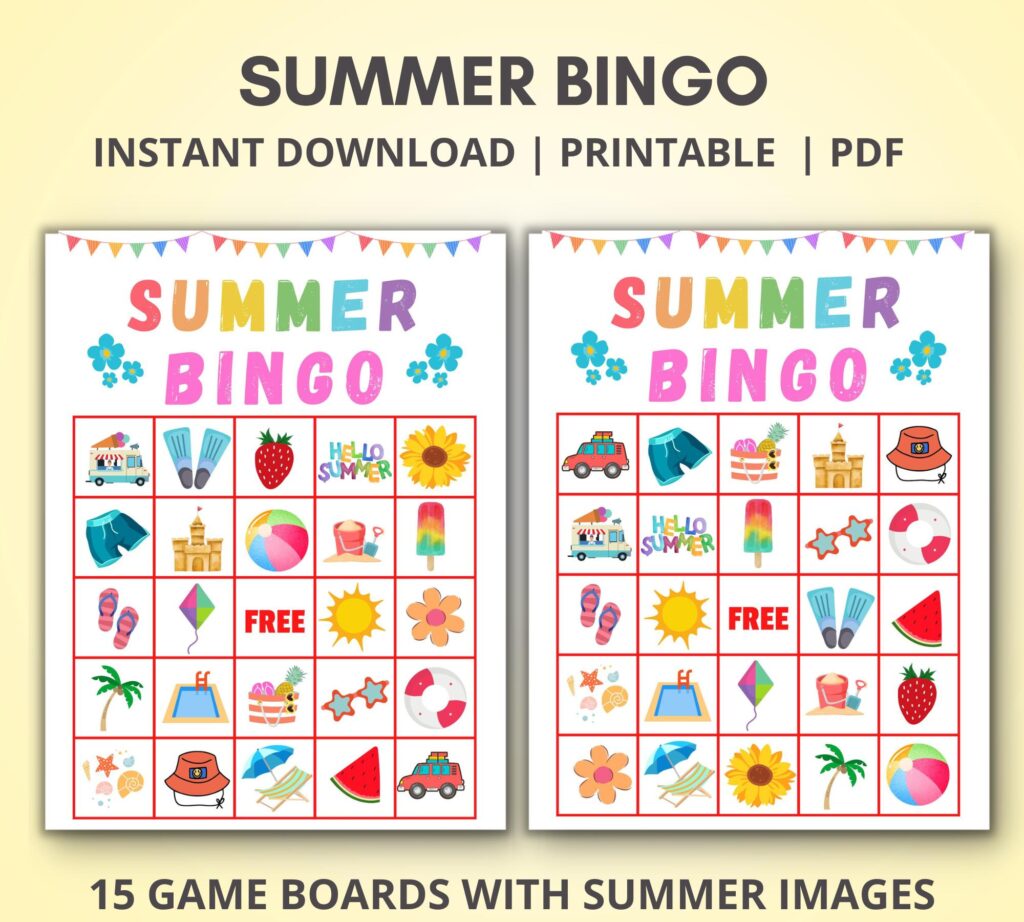 Summer bingo set close up mockup of playing cards