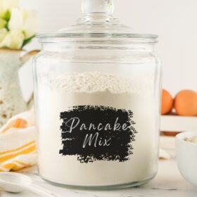 homemade pancake mix in a jar with a label