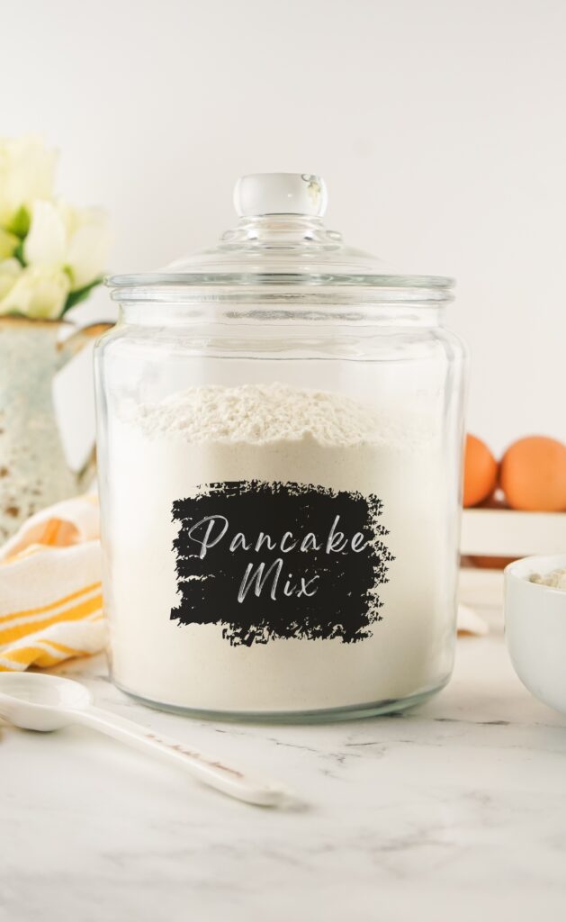 homemade pancake mix in a jar with a label