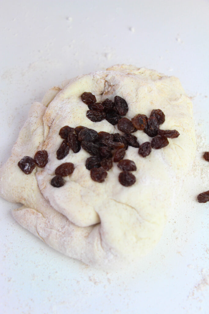 adding raisins to bagel dough